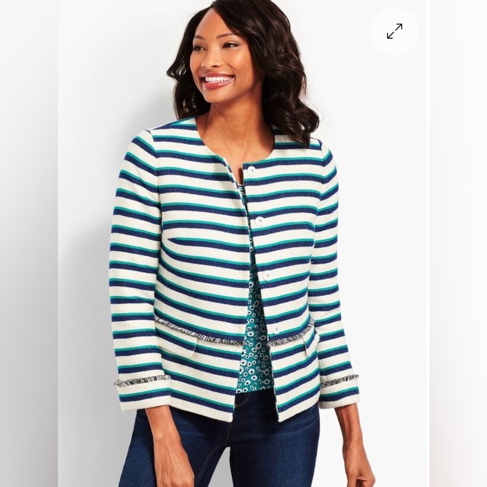 TALBOTS Striped Fringe Trim Jacket Blazer Plus Size 22WP NWT Ivory‎ Jade Navy